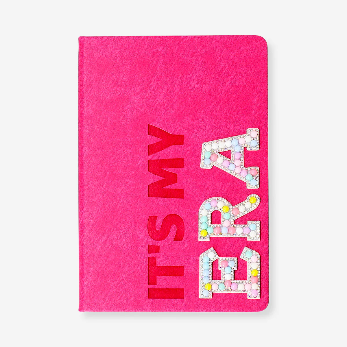 A5 pink notebook with pom poms