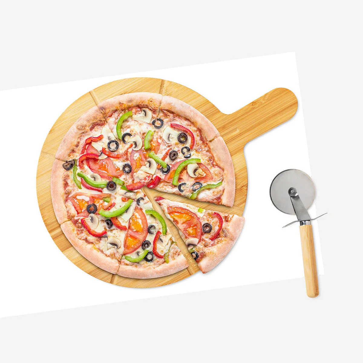 Bamboo pizza cutting board with pizza cutter - Image 2