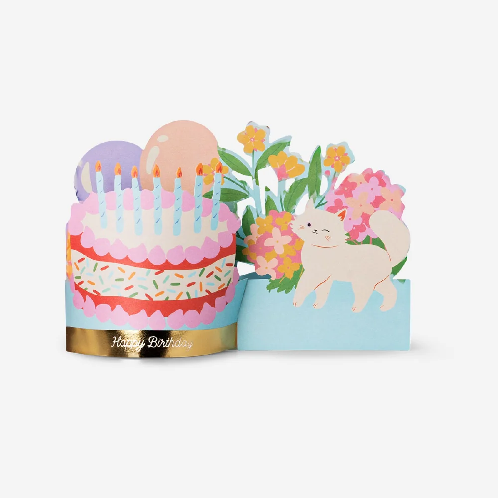 Birthday card - Cake, balloons, and flowers