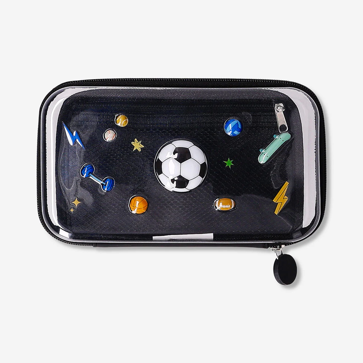 Black hardcase pencil case with sports icons - Image 3