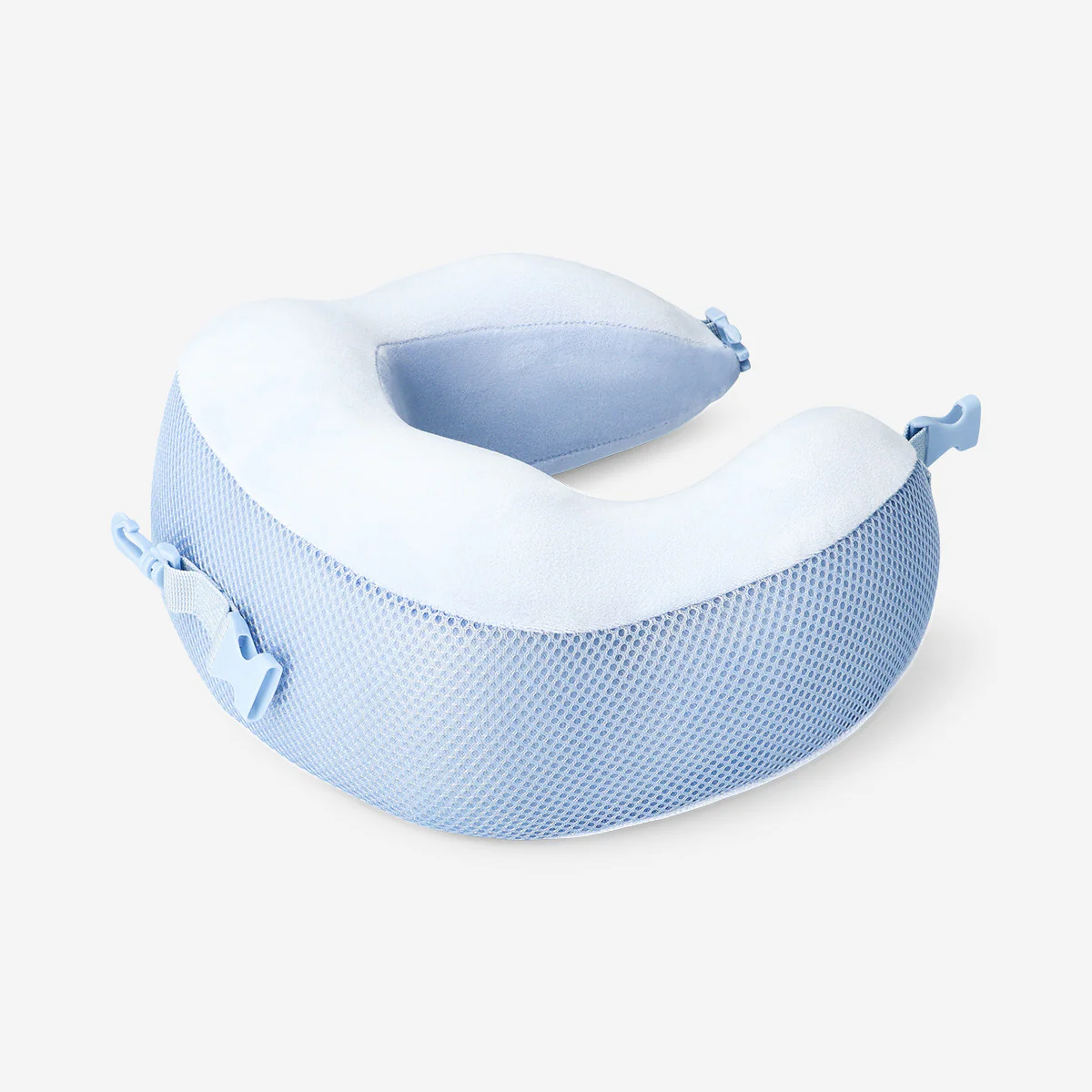 Blue memory foam travel pillow with strap clasp - Image 3