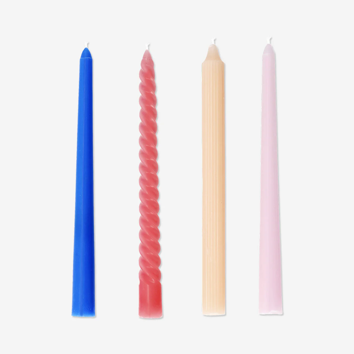 Fun multi coloured dinner candles in various shapes - 4 pcs