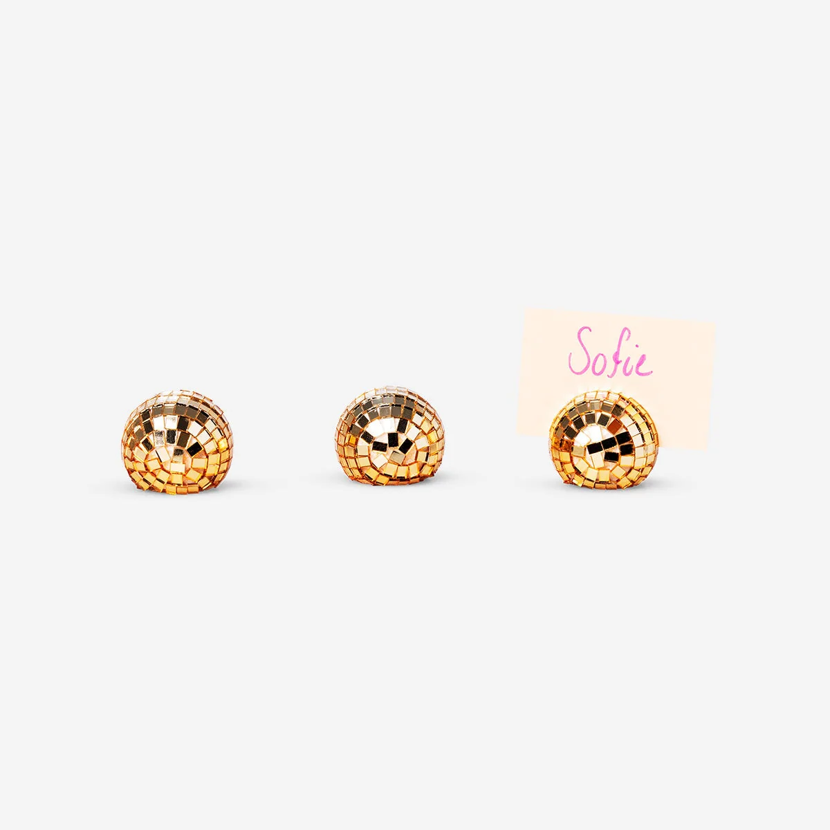 Gold disco ball place card holders