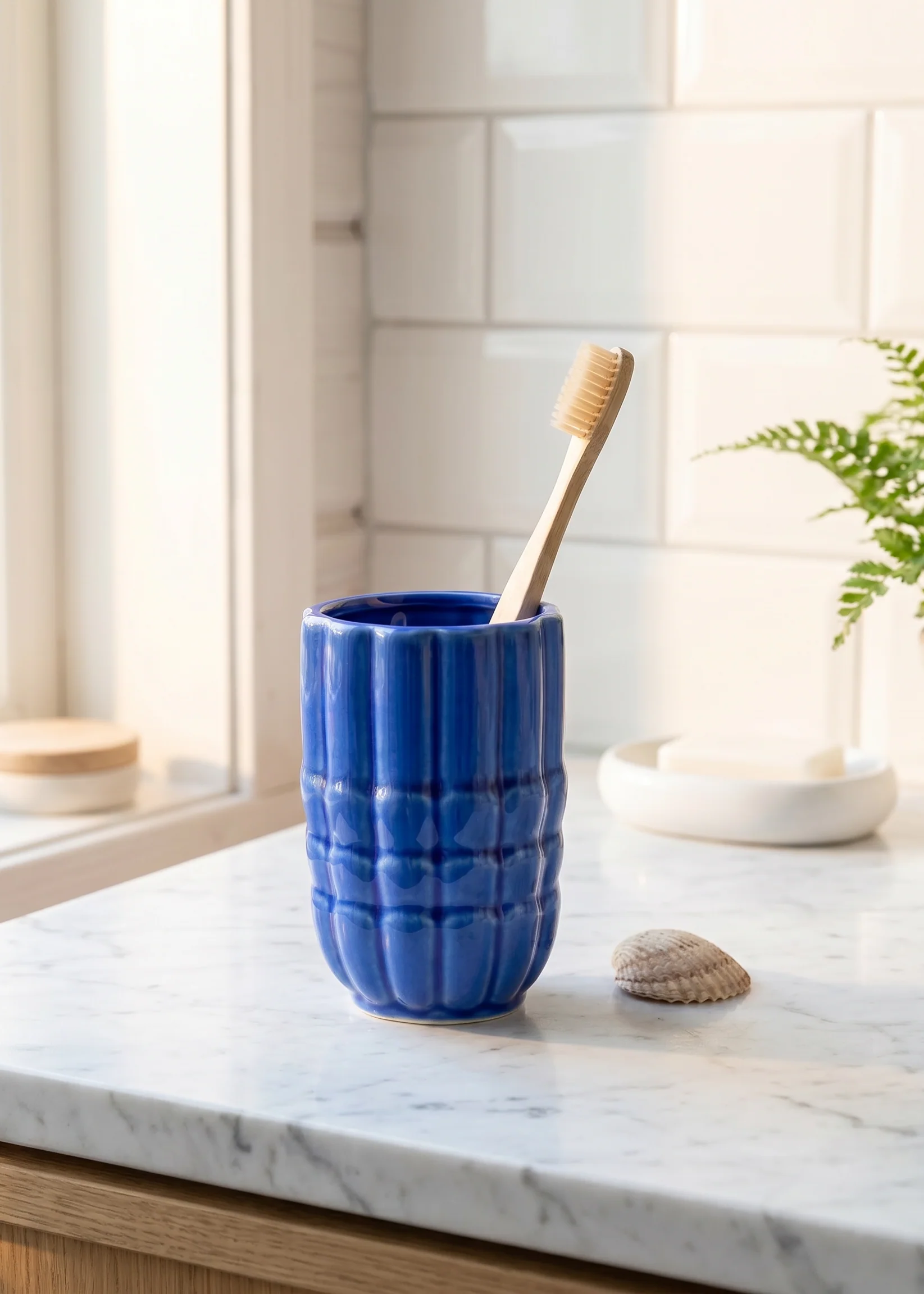 Blue ceramic seashell toothbrush holder