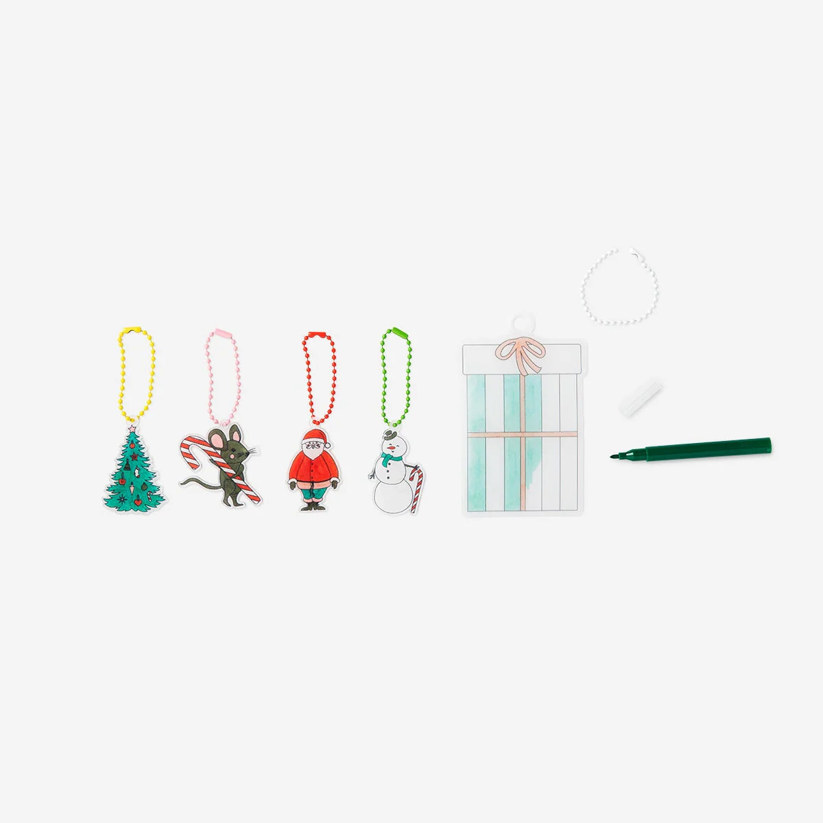 Shrink plastic. With markers and key rings