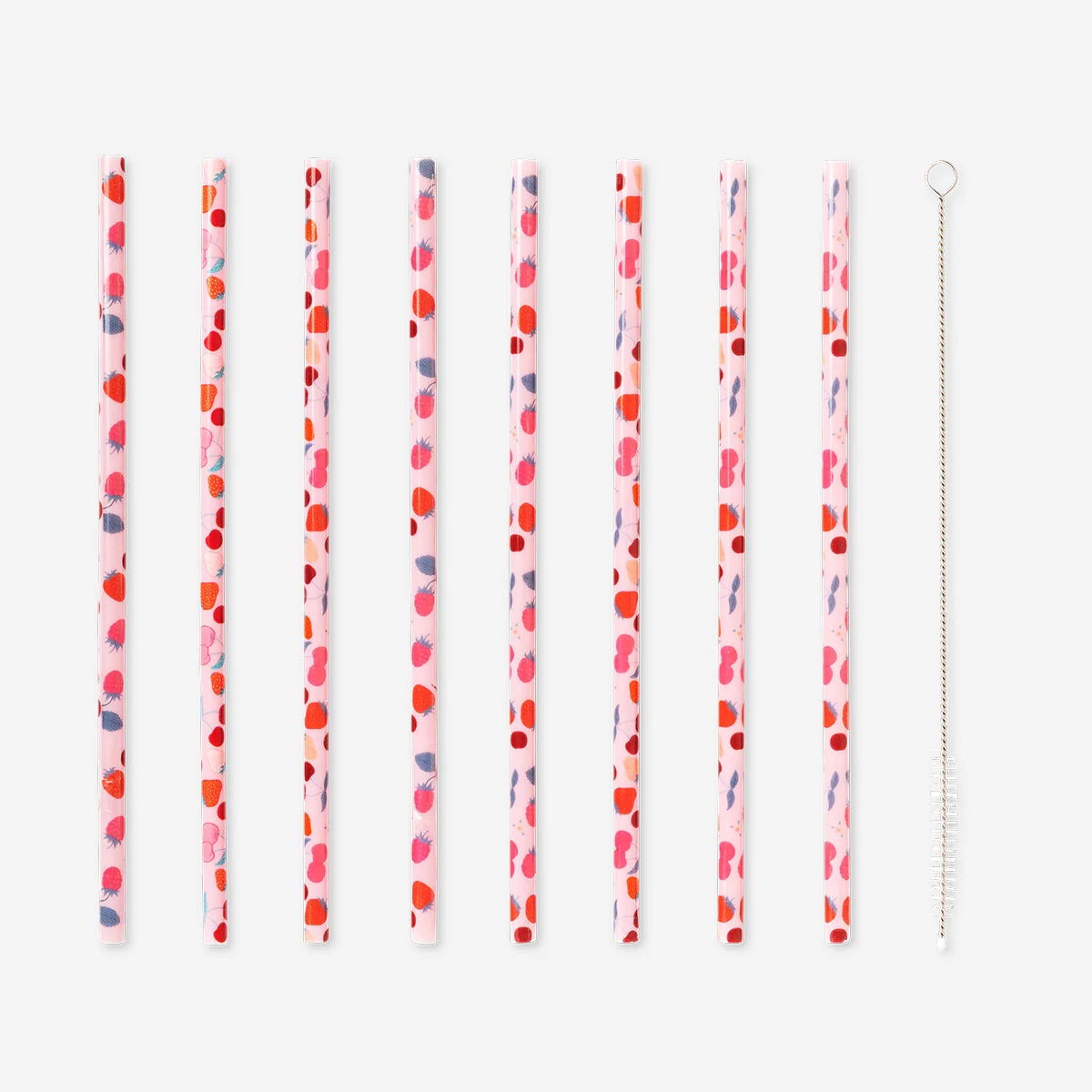 Strawberry straws with cleaning brush - 8 pcs